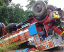 Karkal: Truck turns turtle near Belman; driver/cleaner survive miraculously